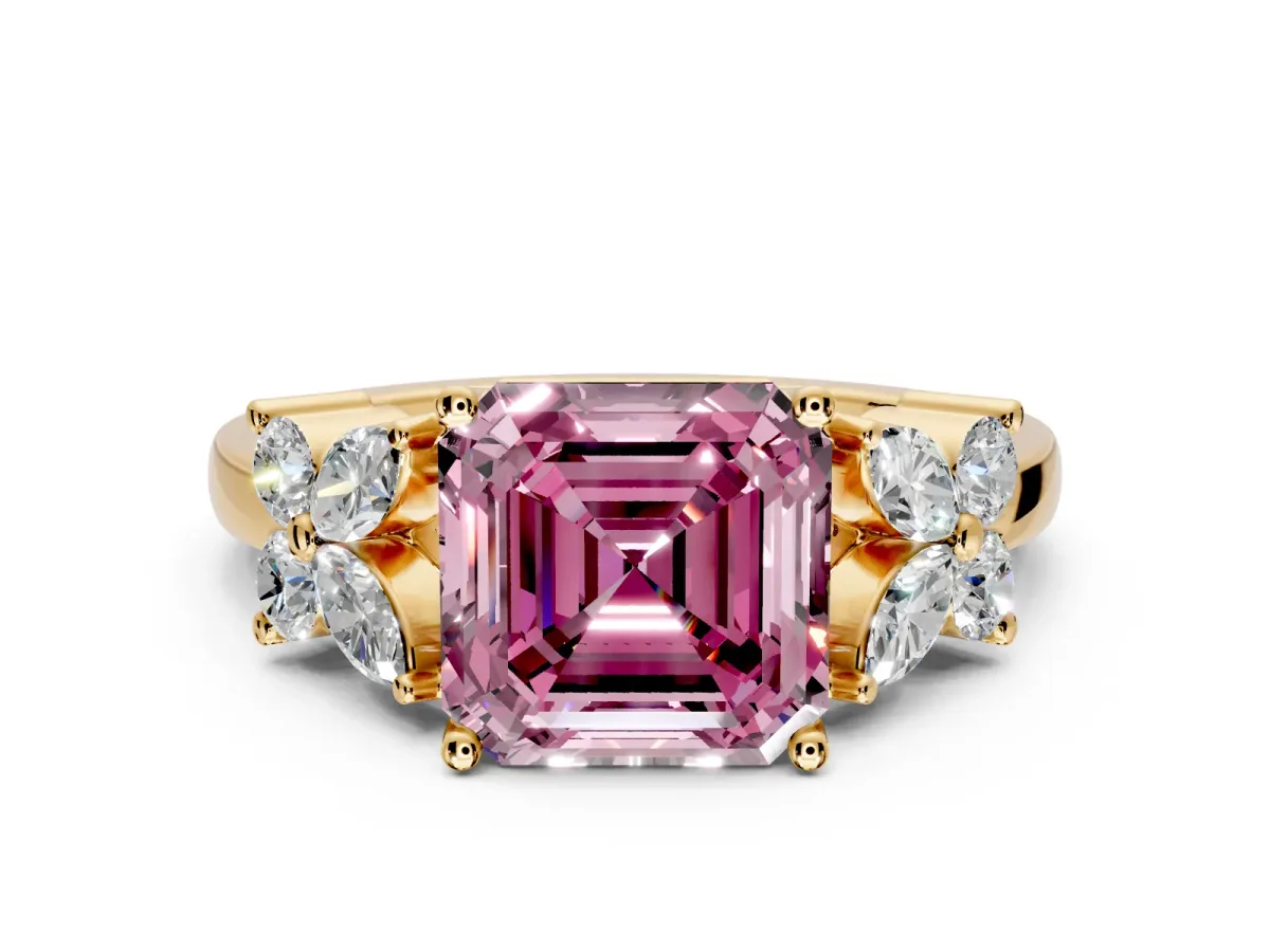 Floral Engagement Ring Setting for Fancy Pink Princess Cut Center with Marquise Cluster Shoulders and Prong Head in Yellow Gold