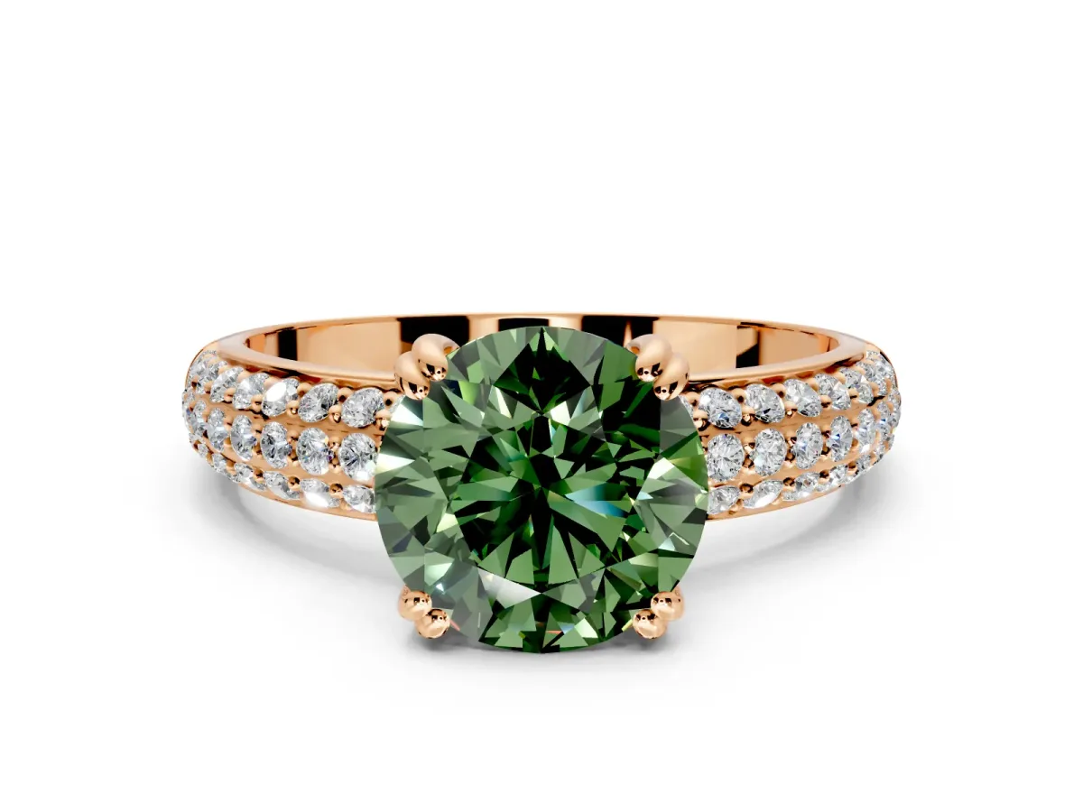 Solitaire Engagement Ring Setting for Fancy Green Round Cut Center with Multi-Row Pave Accents and Basket Head in Rose Gold