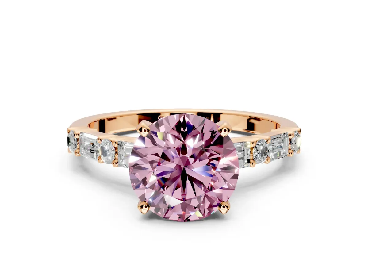 Baguette Engagement Ring Setting for Fancy Pink Round Cut Center with Alternating Bar-Set Band and Prong Head in Rose Gold