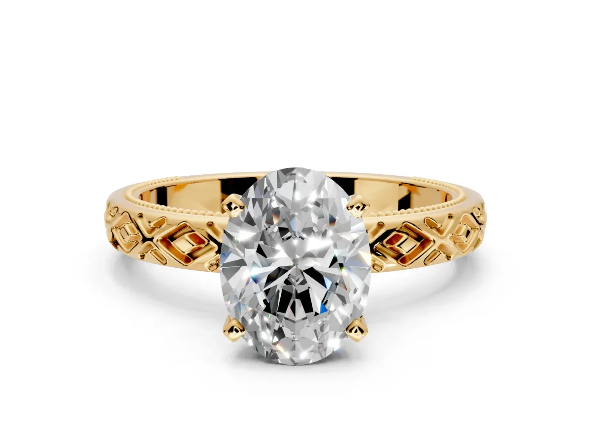 Solitaire Engagement Ring Setting for Oval Center with Milgrain X Pattern Band and Prong Head in Yellow Gold