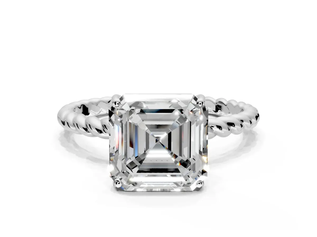 Solitaire Engagement Ring Setting for Asscher Cut Center with Plain Twisted Rope Band and Prong Head in White Gold