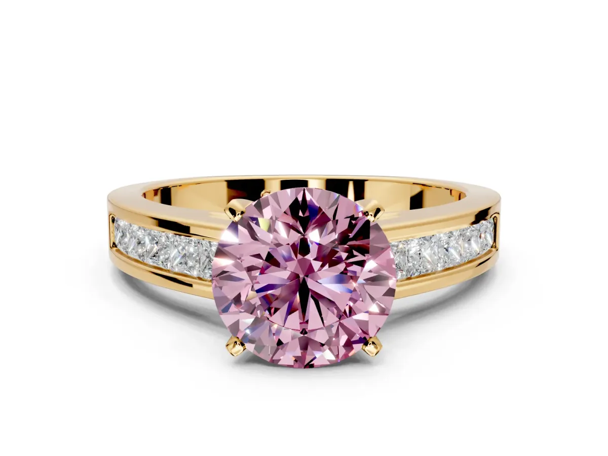 Solitaire Engagement Ring Setting for Fancy Pink Round Cut Center with Princess Cut Channel Band and Prong Head in Yellow Gold