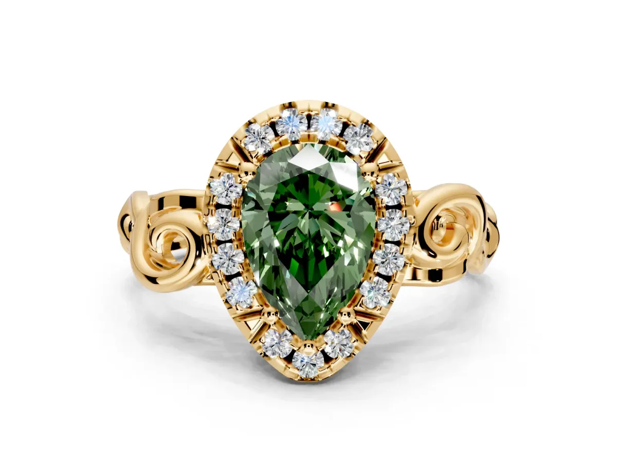 Halo Engagement Ring Setting for Fancy Green Pear-Shaped Center with Open Scroll Shoulders and Prong Head in Yellow Gold