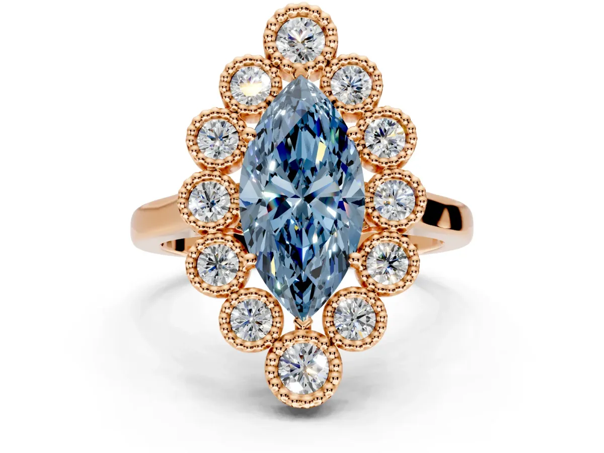 Cluster Halo Engagement Ring Setting for Fancy Blue Marquise Center with Milgrain Bezel Accents and Prong Head in Rose Gold