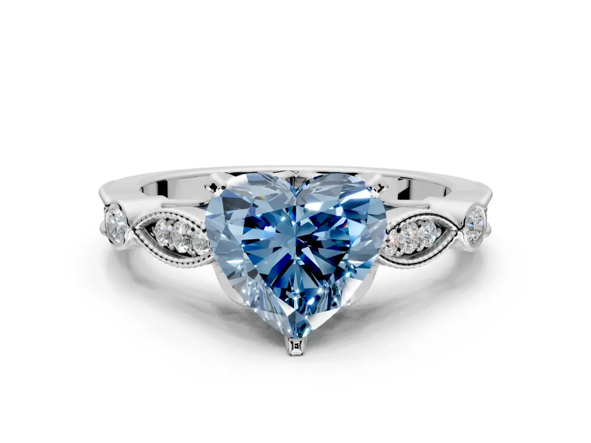 Solitaire Engagement Ring Setting for Fancy Blue Heart-Shaped Center with Marquise and Bezel Accents and Prong Head in White Gold