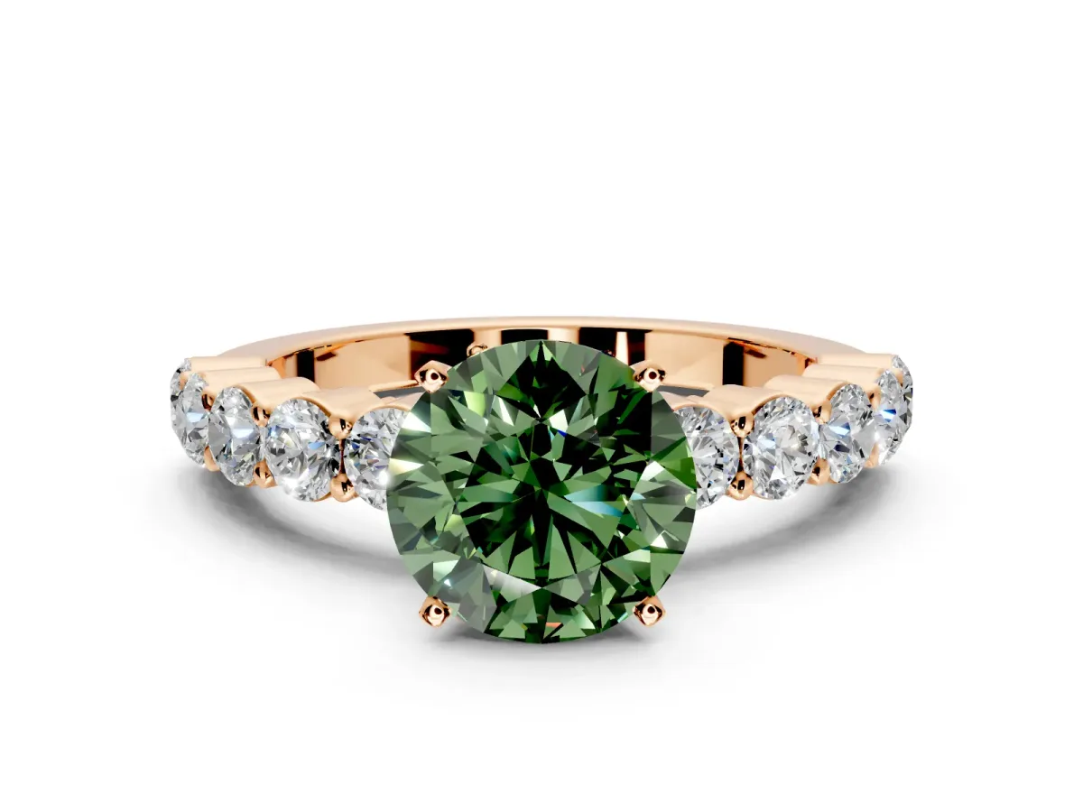 Shared-Prong Engagement Ring Setting for Fancy Green Round Cut Center with Graduated Accents and Prong Head in Rose Gold