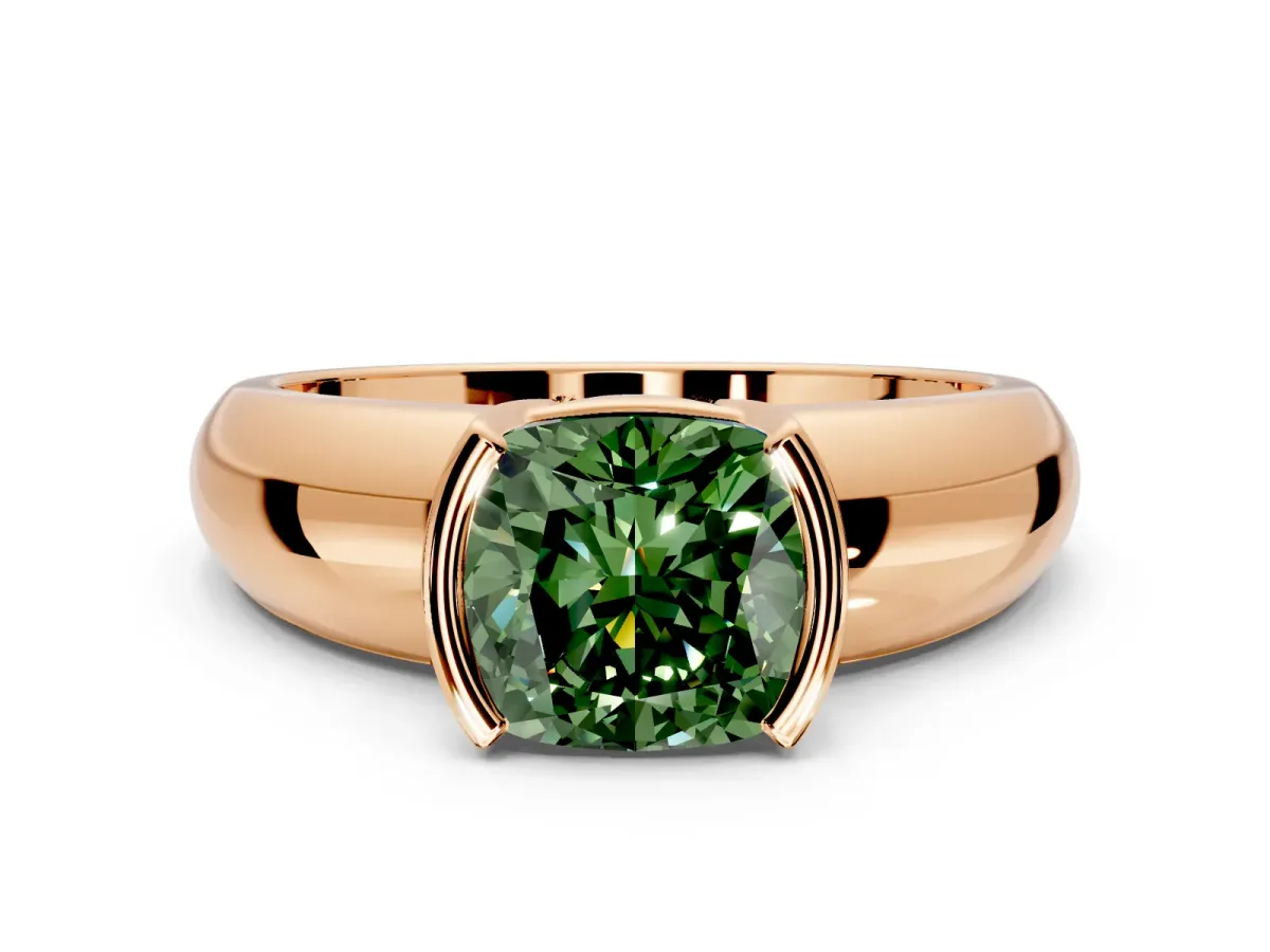 Tension Engagement Ring Setting for Fancy Green Cushion Cut Center with Wide Flat Band and Tension Head in Rose Gold