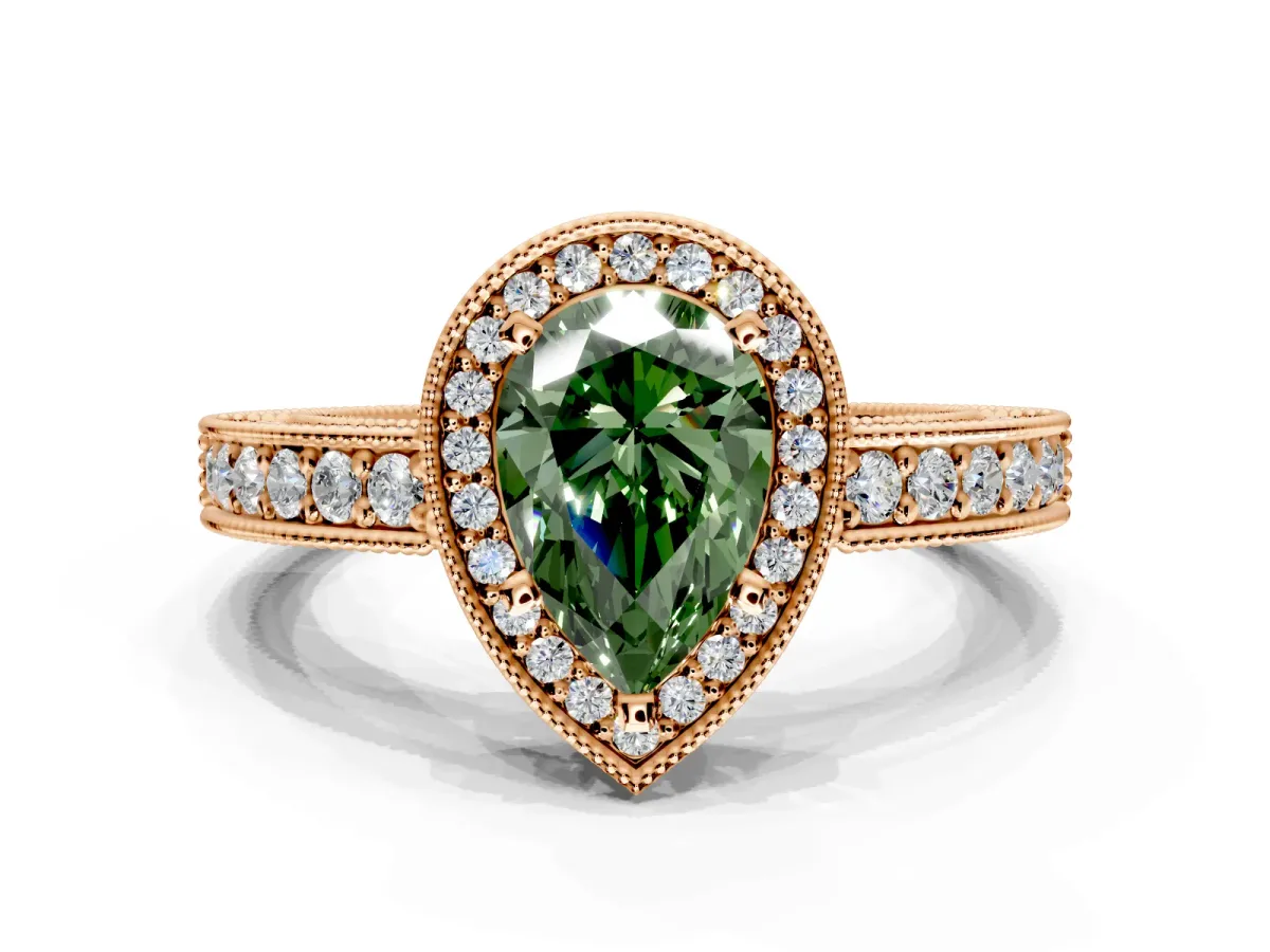 Milgrain Halo Engagement Ring Setting for Fancy Green Pear-Shaped Center with Wide Pave Band and Prong Head in Rose Gold