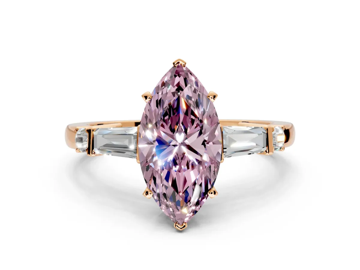 Bar-Set Engagement Ring Setting for Fancy Pink Marquise Center with Tapered Baguette Accents and Prong Head in Rose Gold