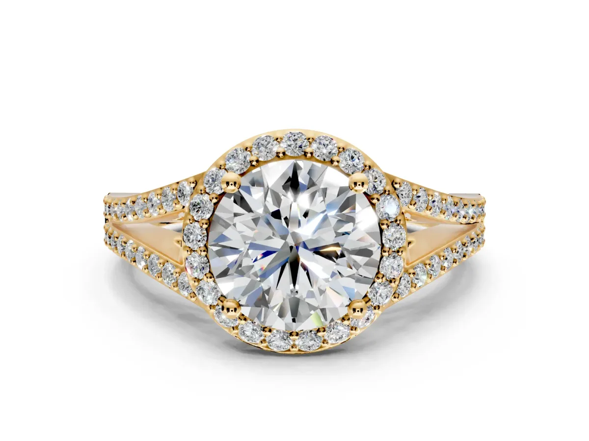 Halo Engagement Ring Setting for Round Cut Center with Pave Split Shank and Prong Head in Yellow Gold