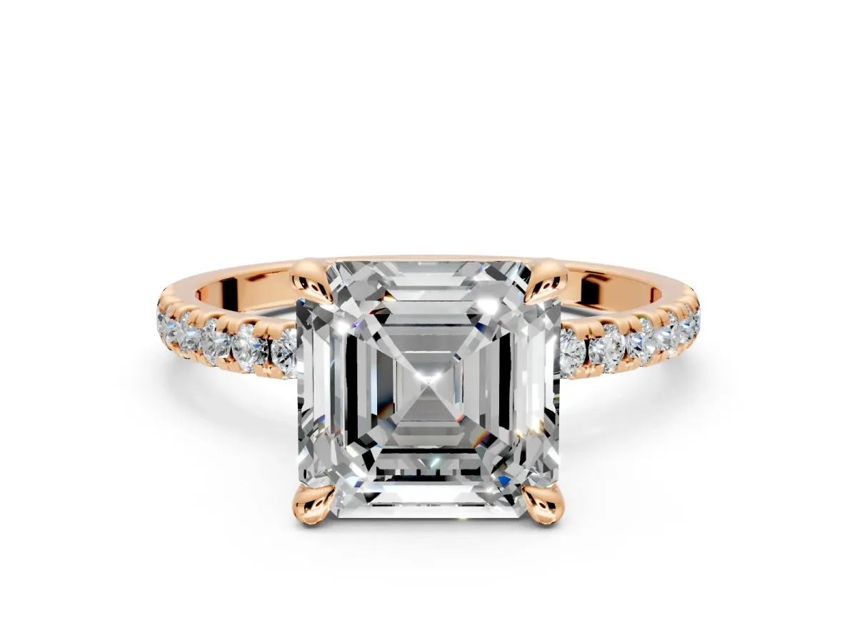 Solitaire Engagement Ring Setting for Asscher Cut Center with Fine Pave Narrow Band and Prong Head in Rose Gold