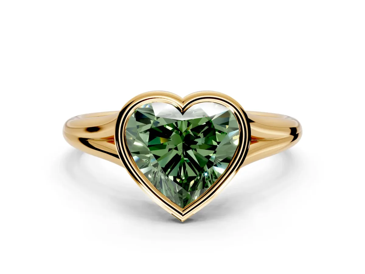 Solitaire Engagement Ring Setting for Fancy Green Heart-Shaped Center with V Split Shank and Bezel Head in Yellow Gold