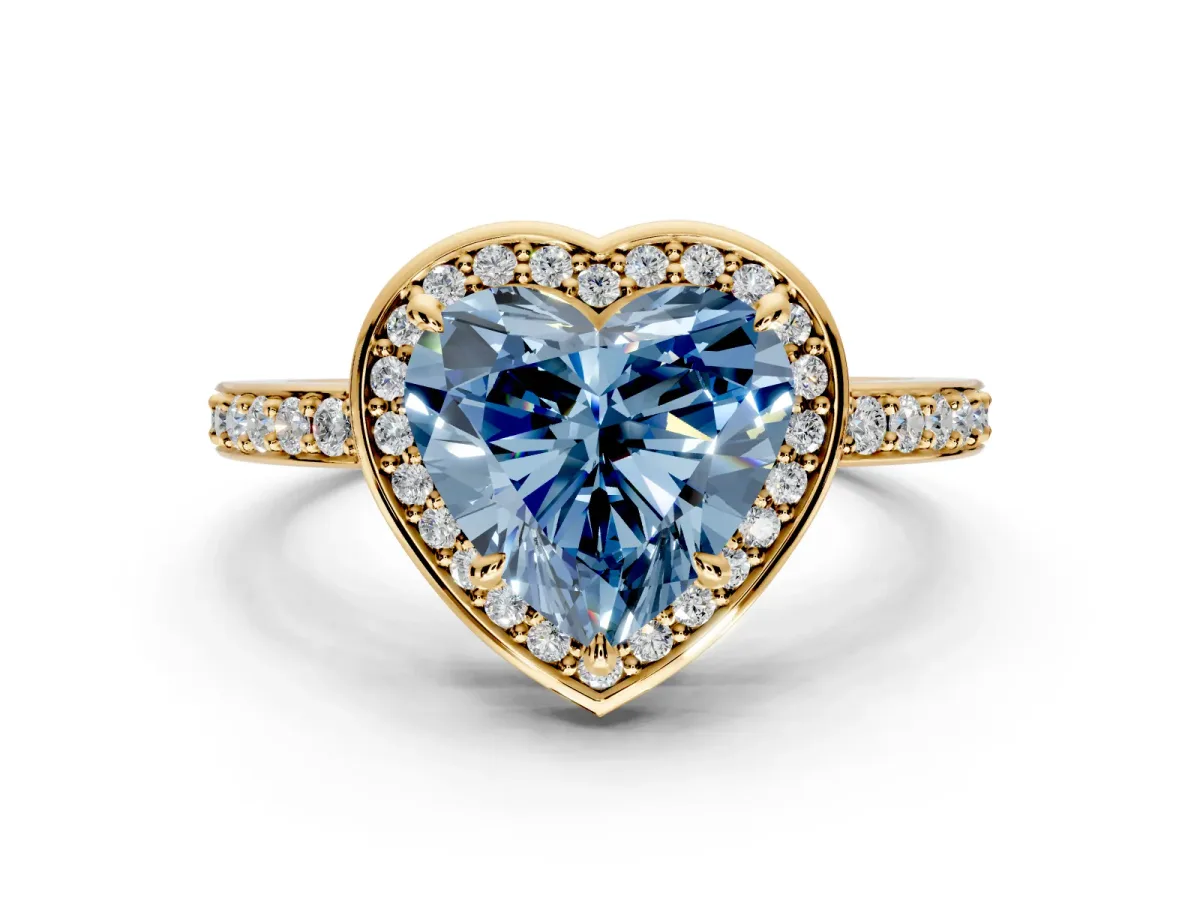 Halo Engagement Ring Setting for Fancy Blue Heart-Shaped Center with Metal-Rimmed Halo, Pave Band and Prong Head in Yellow Gold