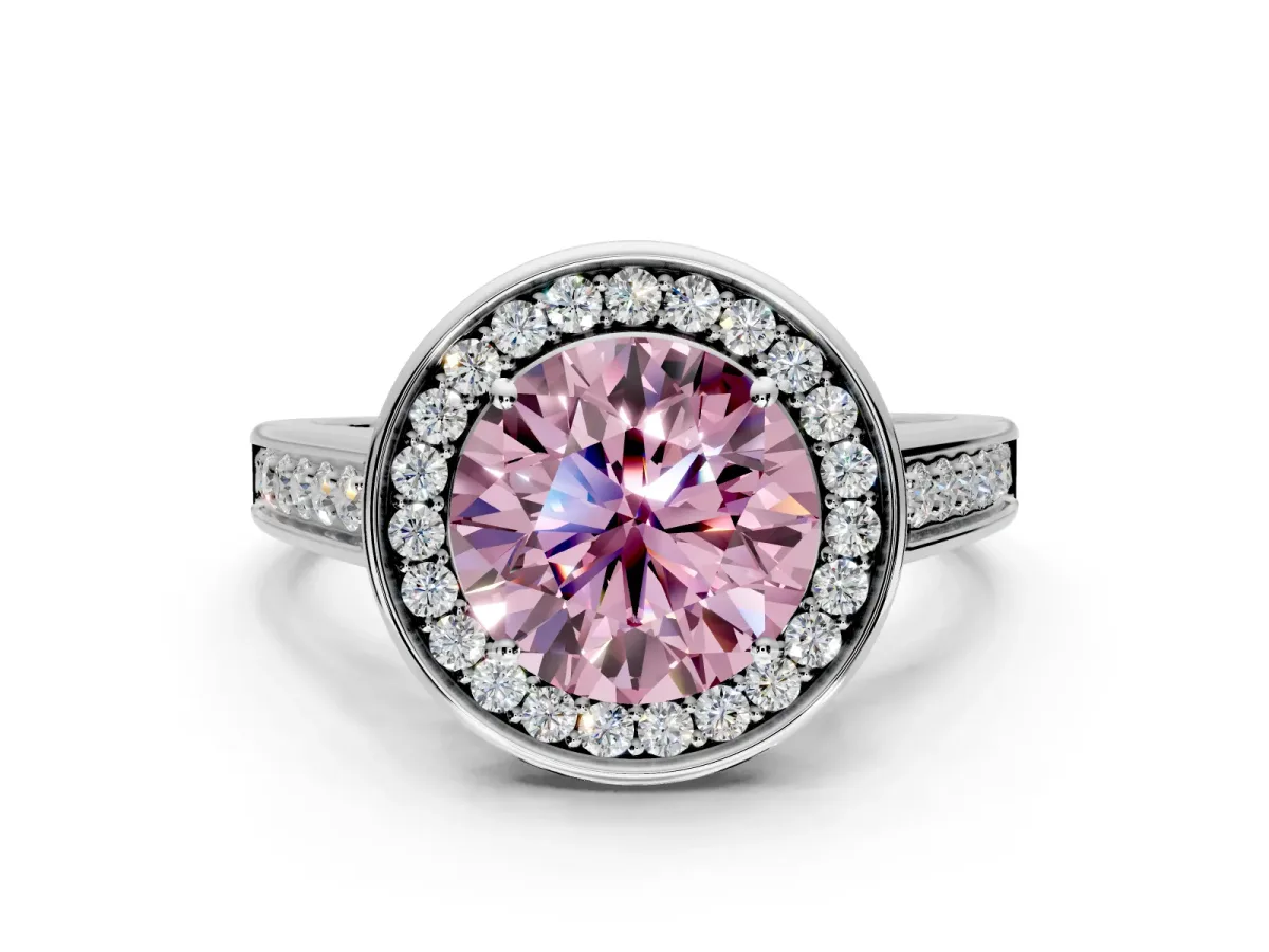 Halo Engagement Ring Setting for Fancy Pink Round Cut Center with Outer Bezel Rim, Pave Band and Prong Head in White Gold