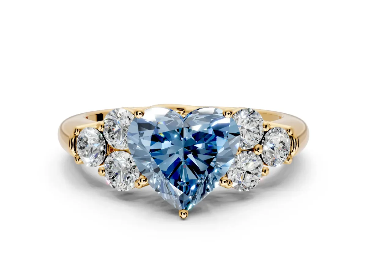 Cluster Engagement Ring Setting for Fancy Blue Heart-Shaped Center with Round Cut Accent Frame and Prong Head in Yellow Gold