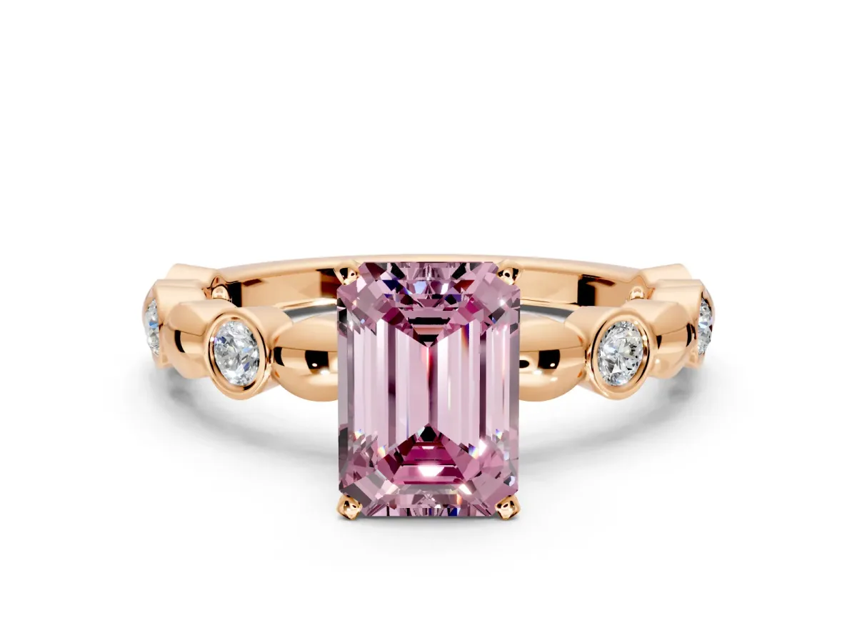 Solitaire Engagement Ring Setting for Fancy Pink Emerald Cut Center with Beaded Bezel Station Band and Prong Head in Rose Gold