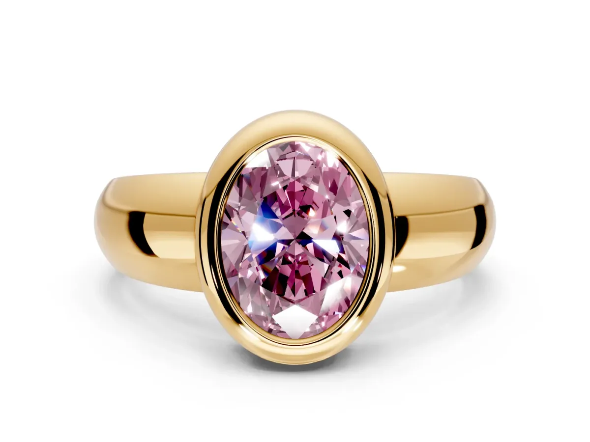 Solitaire Engagement Ring Setting for Fancy Pink Oval Center with Wide Band and Bezel Head in Yellow Gold