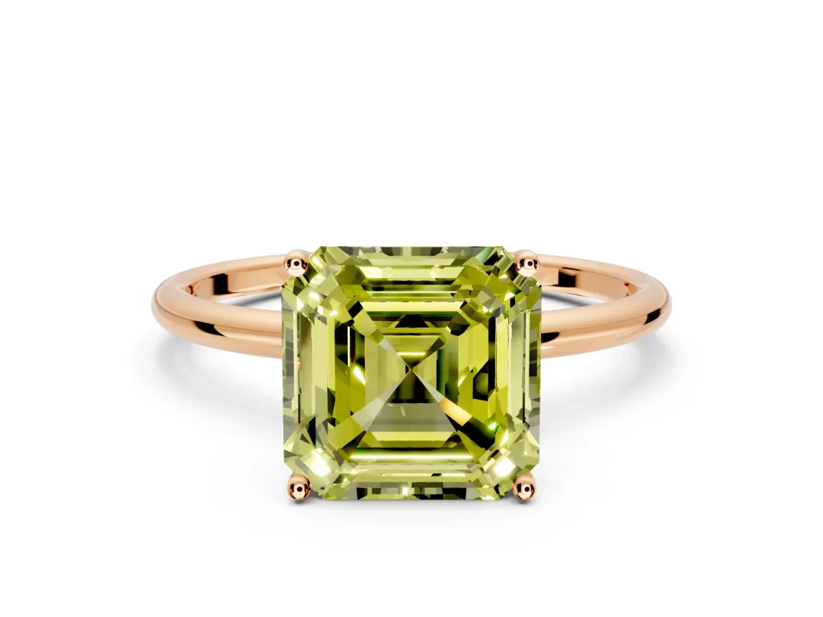 Solitaire Engagement Ring Setting for Fancy Yellow Asscher Cut Center with Straight Thin Band and Prong Head in Rose Gold