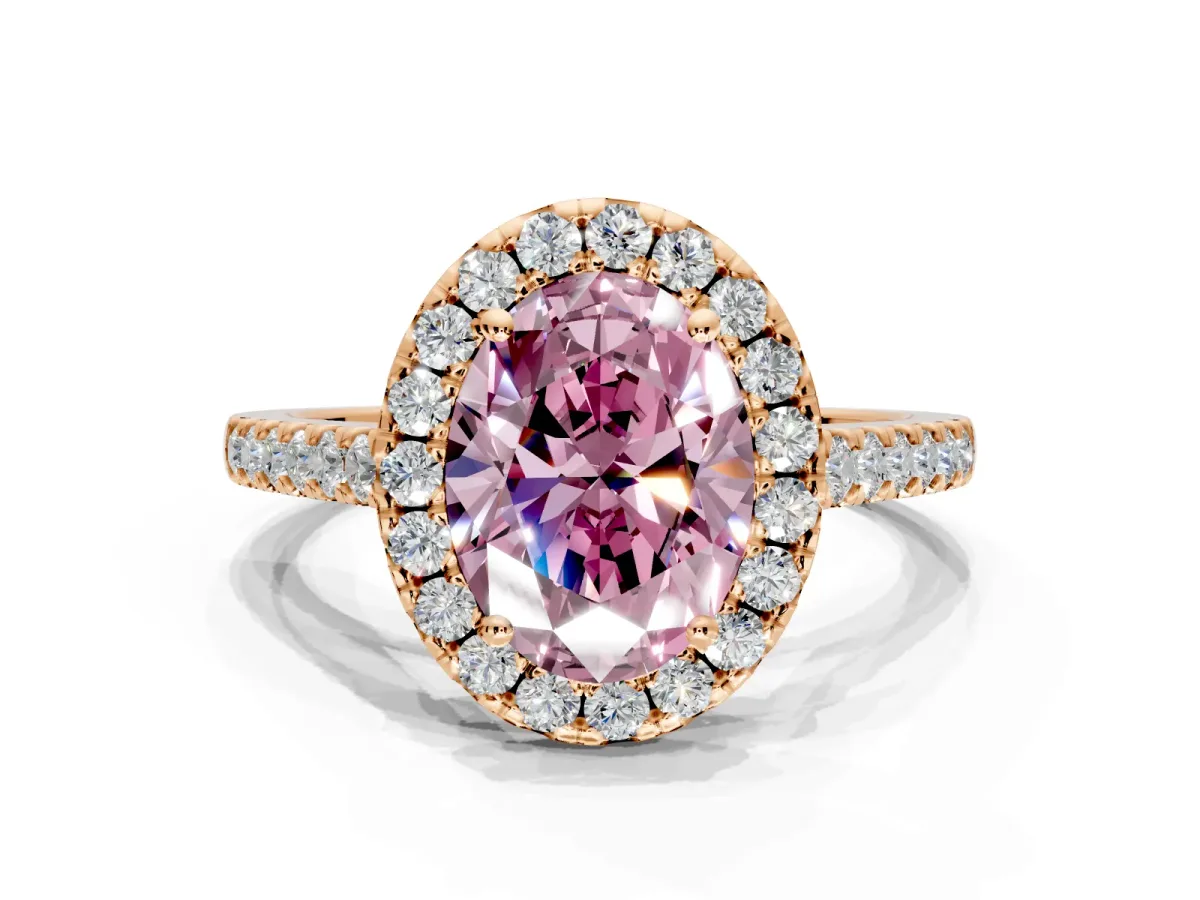 Halo Engagement Ring Setting for Fancy Pink Oval Center with Narrowing Pave Band and Prong Head in Rose Gold