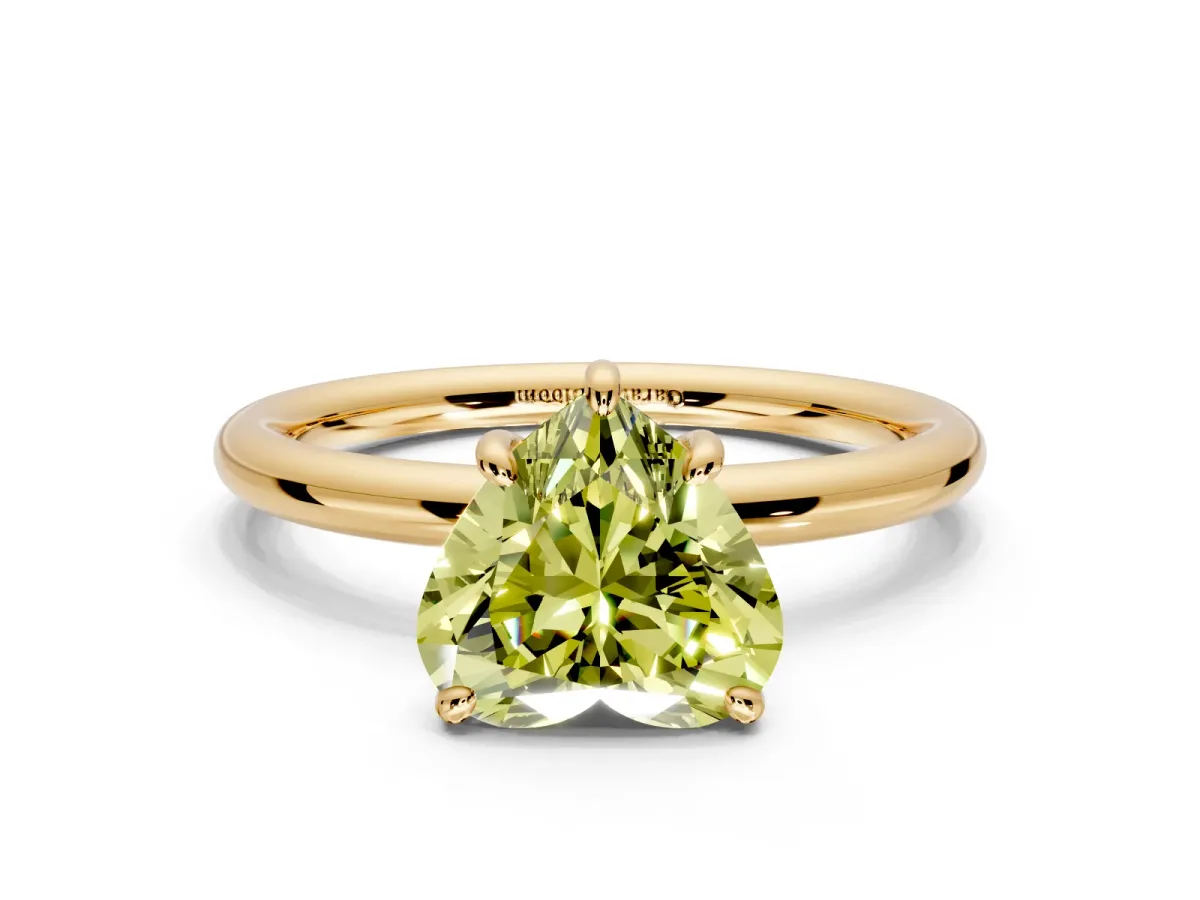 Low-Set Solitaire Engagement Ring Setting for Fancy Yellow Heart-Shaped Center with Thin Plain Band and Prong Head in Yellow Gold