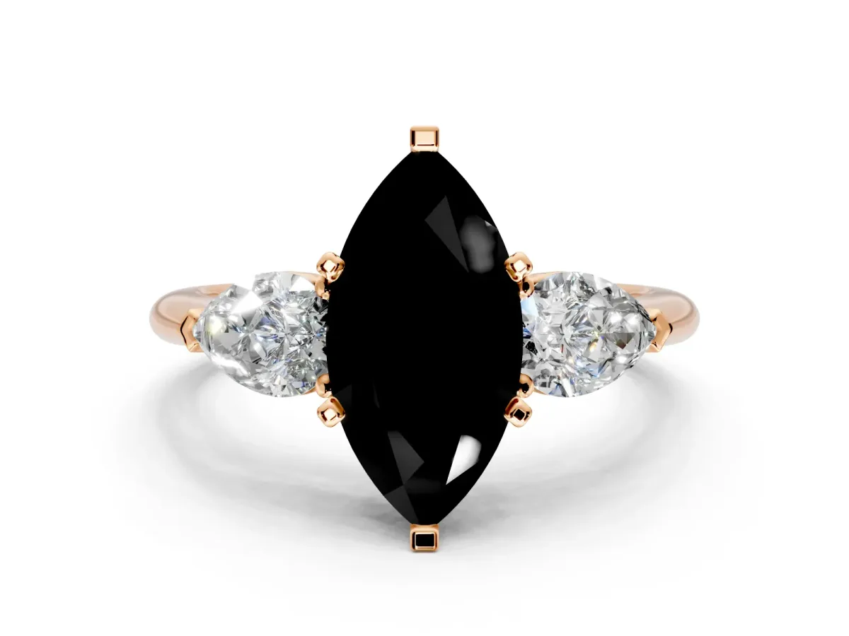 3 Stone Engagement Ring Setting for Fancy Black Marquise Center with Large Pear-Shaped Accents and Prong Head in Rose Gold
