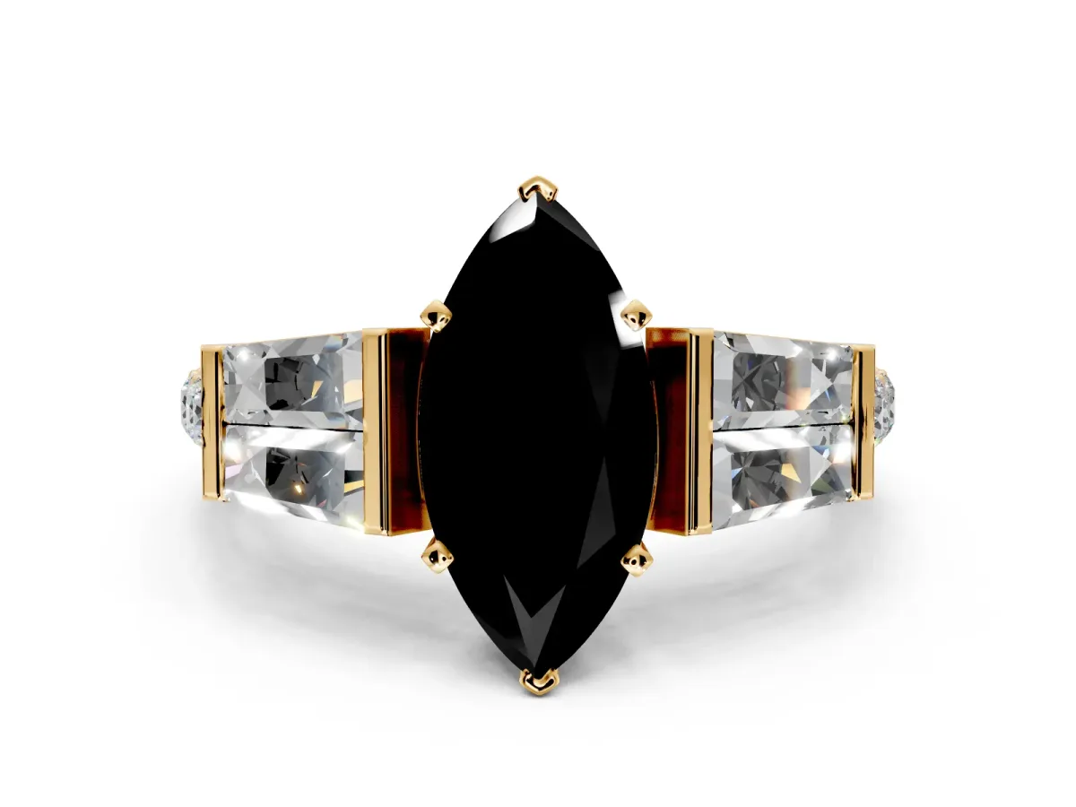 Channel-Set Engagement Ring Setting for Fancy Black Marquise Center with Baguette Band and Prong Head in Yellow Gold