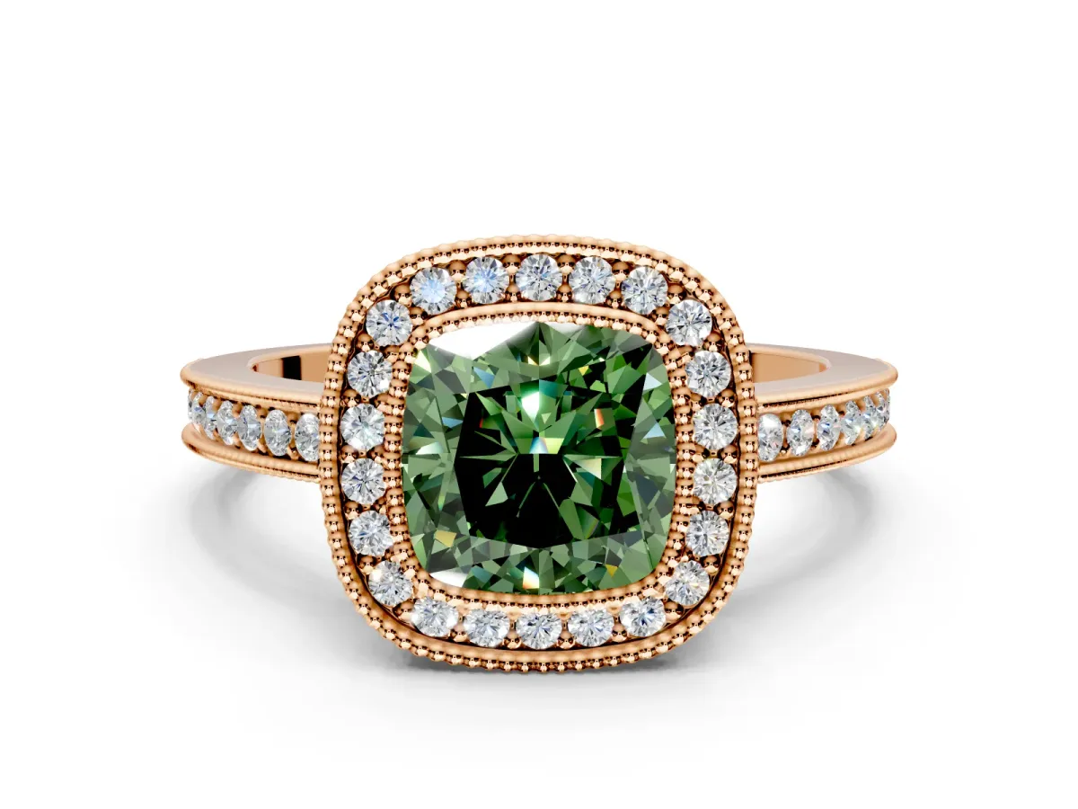Halo Engagement Ring Setting for Fancy Green Cushion Cut Center with Milgrain Halo, Pave Band and Prong Head in Rose Gold
