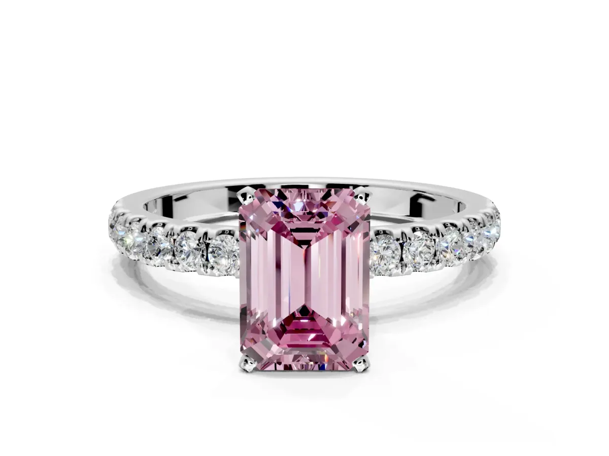 Open Basket Engagement Ring Setting for Fancy Pink Emerald Cut Center with Pave Band and Prong Head in Platinum