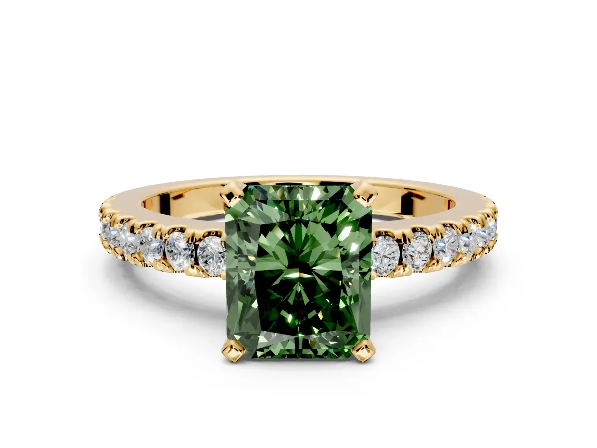 Solitaire Engagement Ring Setting for Fancy Green Radiant Cut Center with Single Row Accent Band and Prong Head in Yellow Gold
