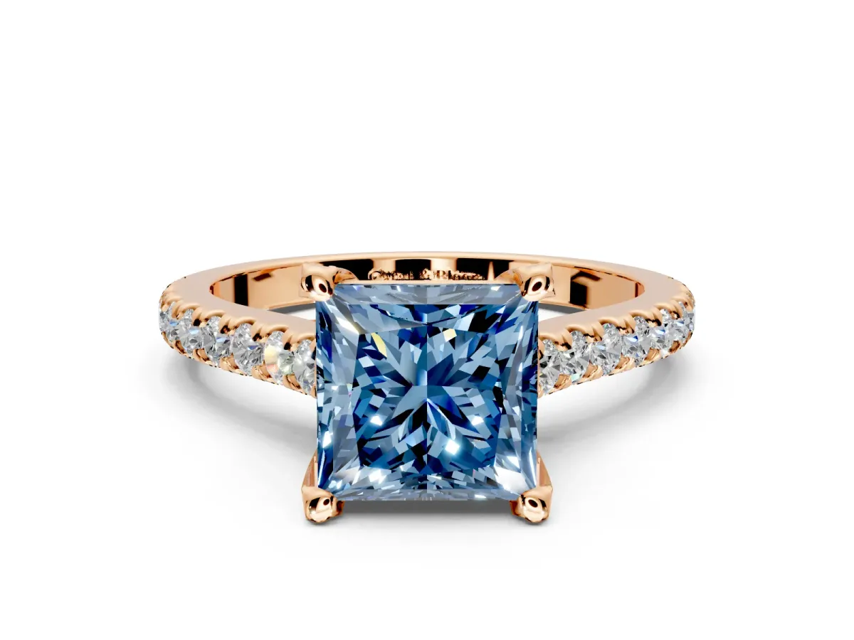 Solitaire Engagement Ring Setting for Fancy Blue Princess Cut Center with Widening Pave Band and Claw Prong Head in Rose Gold