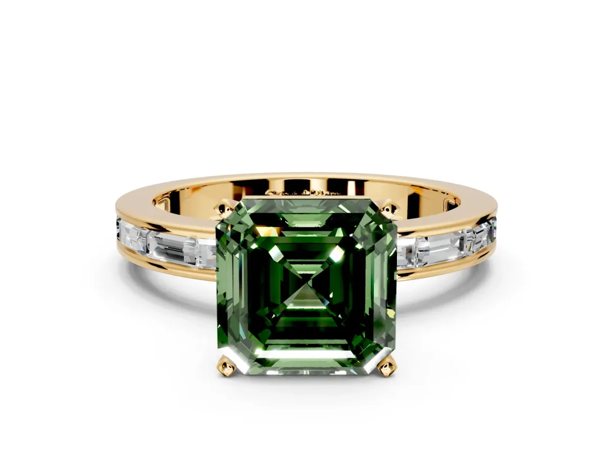 Solitaire Engagement Ring Setting for Fancy Green Asscher Cut Center with Channel Baguette Band and Prong Head in Yellow Gold