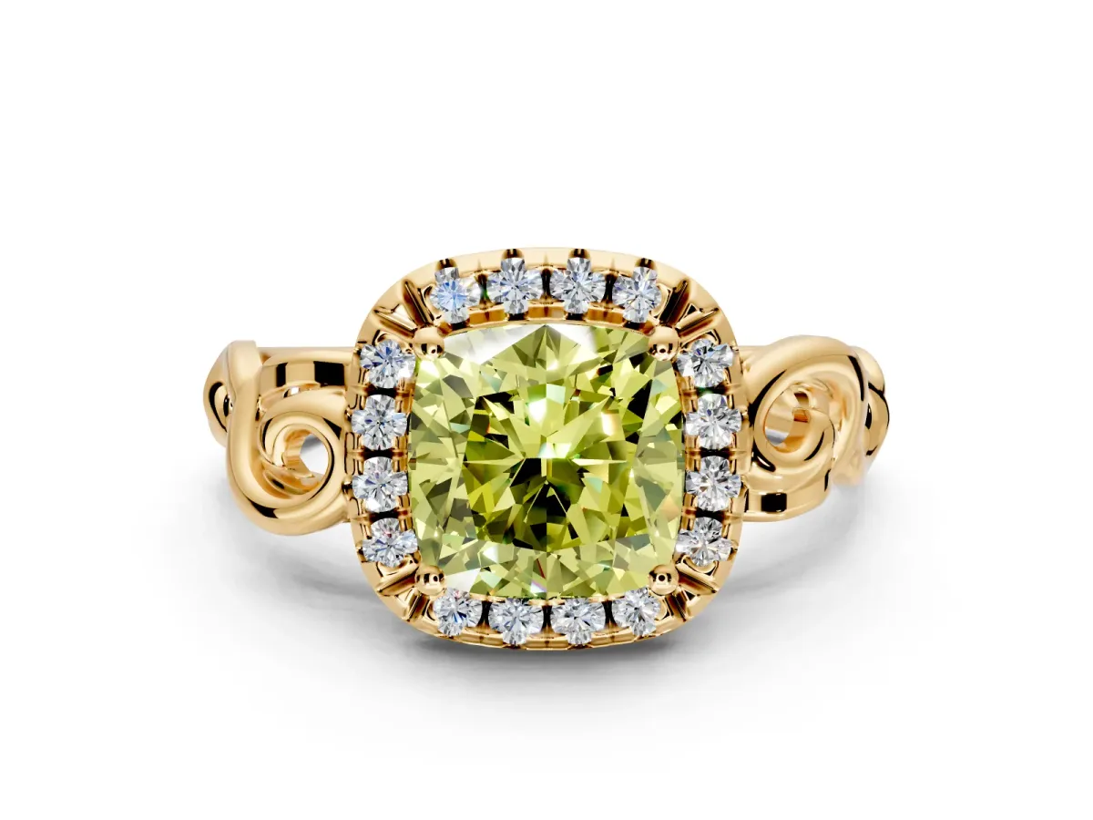 Halo Engagement Ring Setting for Fancy Yellow Cushion Cut Center with Open Scroll Shoulders and Prong Head in Yellow Gold