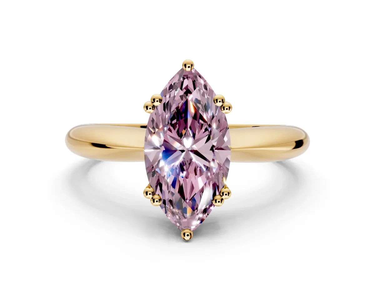 Solitaire Engagement Ring Setting for Fancy Pink Marquise Center with Reverse Tapered Band and Prong Head in Yellow Gold