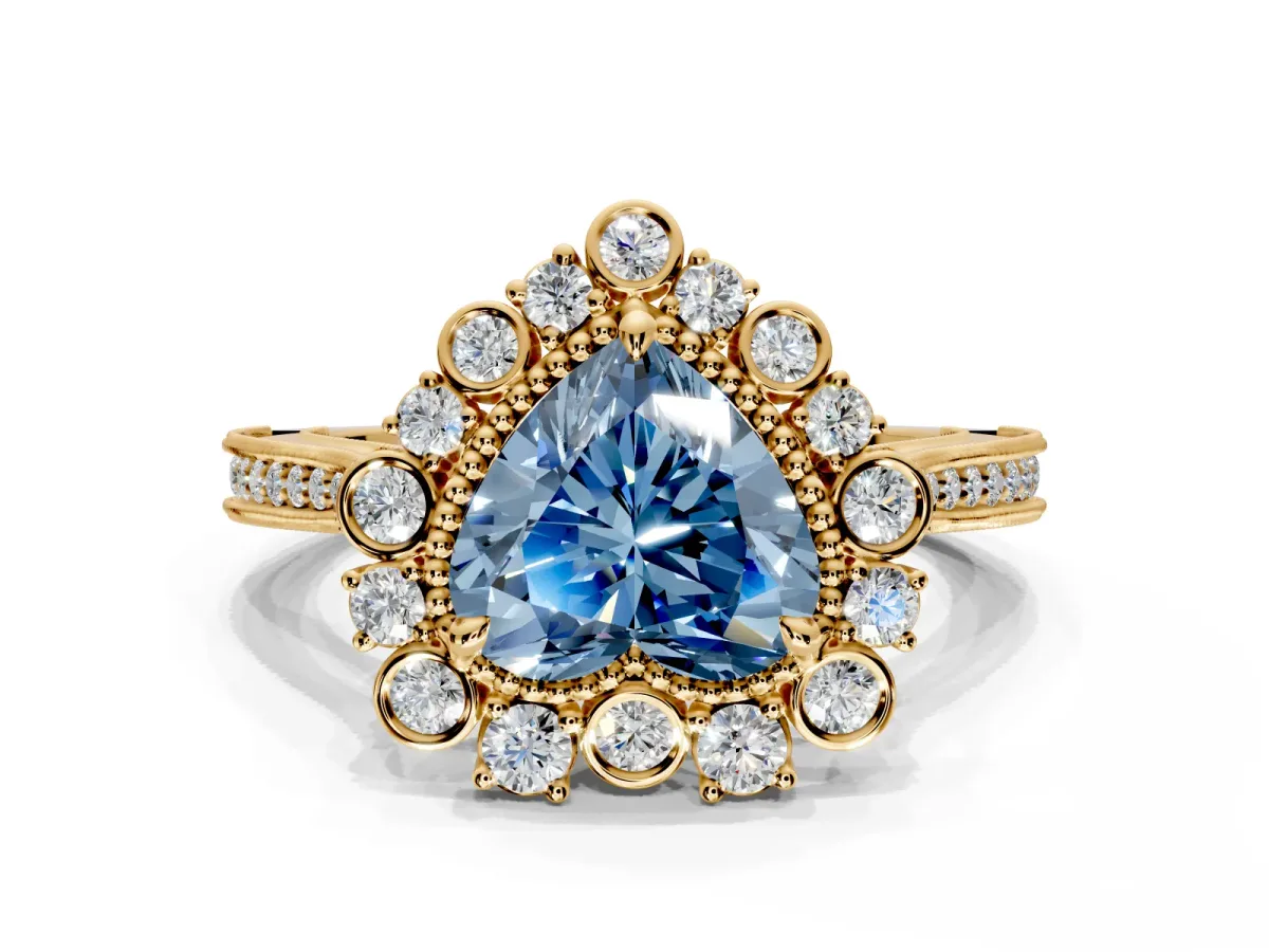 Milgrain Halo Engagement Ring Setting for Fancy Blue Heart-Shaped Center with Bezel Point Accents and Prong Head in Yellow Gold
