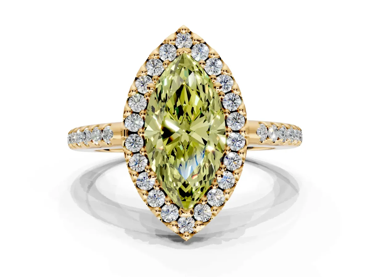 Pave Halo Engagement Ring Setting for Fancy Yellow Marquise Center with Single Row Pave Band and Prong Head in Yellow Gold