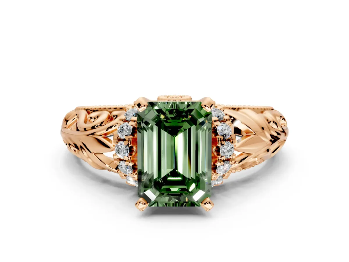 Solitaire Engagement Ring Setting for Fancy Green Emerald Cut Center with Filigree Accent Basket and Prong Head in Rose Gold
