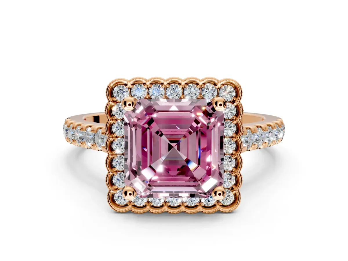 Milgrain Floral Halo Engagement Ring Setting for Fancy Pink Asscher Cut Center with Pave Band and Prong Head in Rose Gold