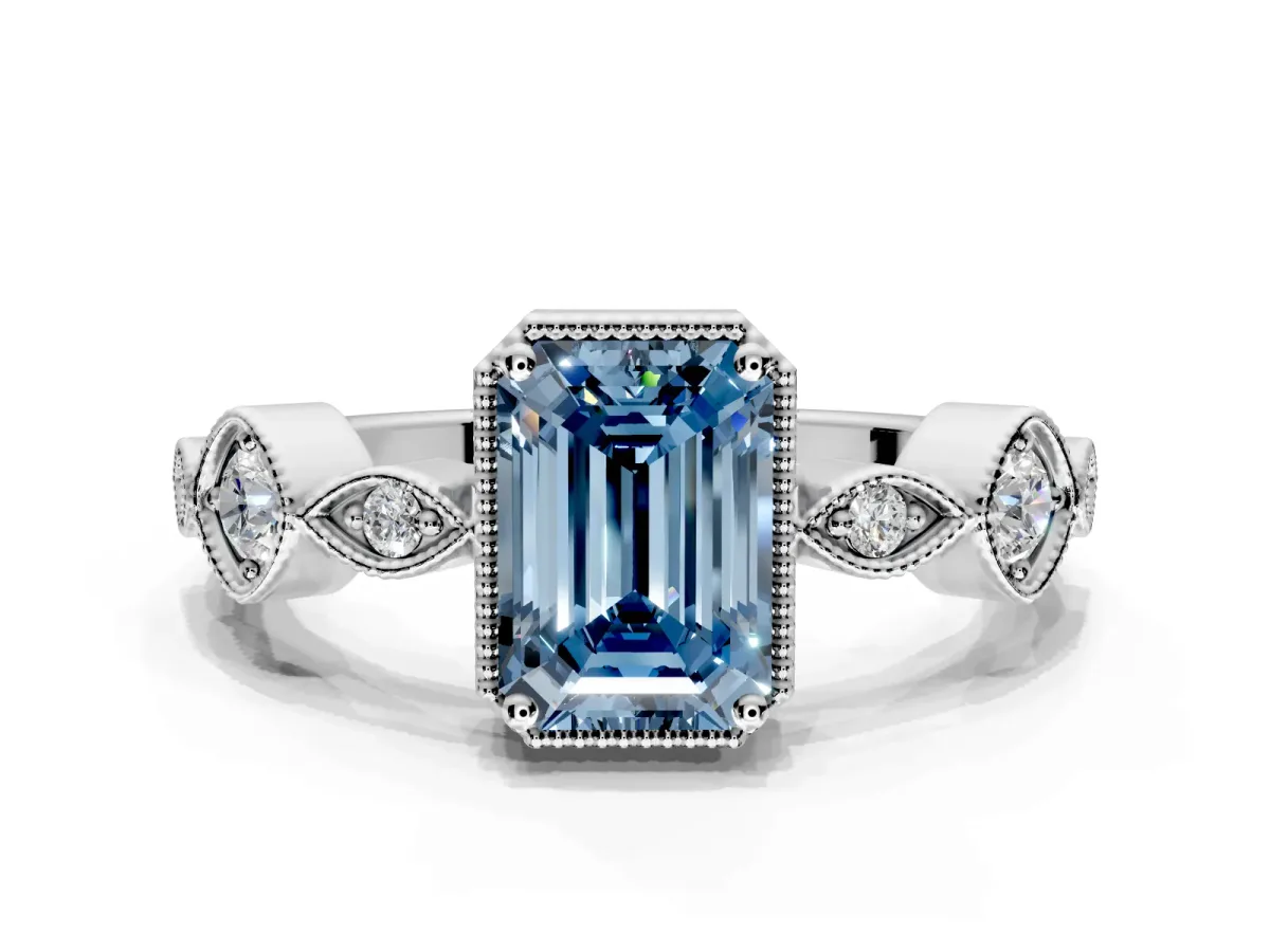 Vintage Station Engagement Ring Setting for Fancy Blue Emerald Cut Center with Accents and Prong Head in Platinum