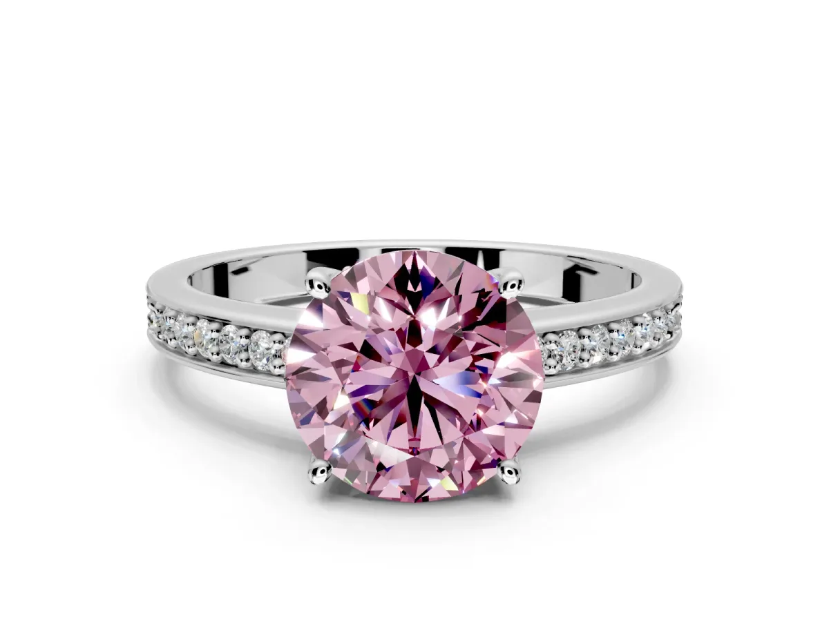 Solitaire Engagement Ring Setting for Fancy Pink Round Cut Center with Channel-Set Accent Band and Prong Head in Platinum