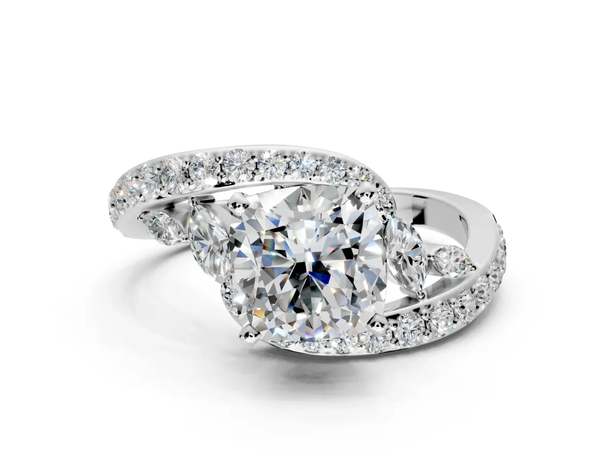 Solitaire Engagement Ring Setting for Cushion Cut Center with Pave Bypass Twist Band and Prong Head in White Gold