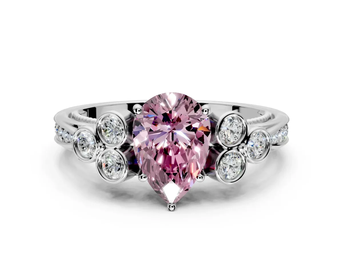Cluster Engagement Ring Setting for Fancy Pink Pear-Shaped Center with Bezel Accent Clusters and Prong Head in Sterling Silver