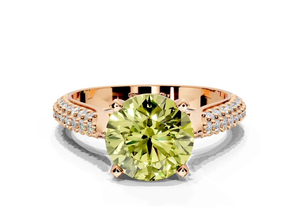 Solitaire Engagement Ring Setting for Fancy Yellow Round Cut Center with Multi-Row Accents and Prong Head in Rose Gold