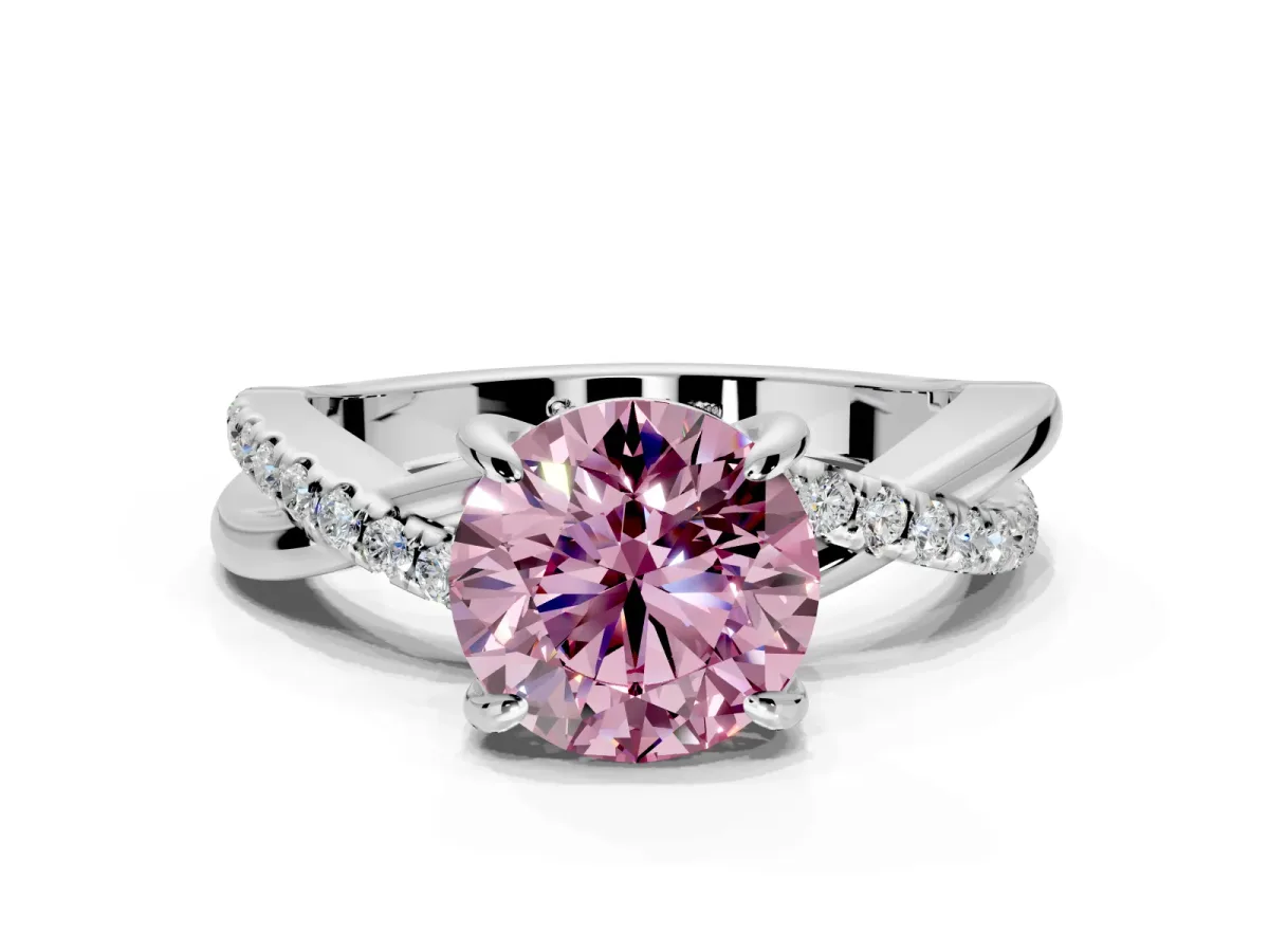 Solitaire Engagement Ring Setting for Fancy Pink Round Cut Center with Half-Pave Crossover Band and Prong Head in Sterling Silver