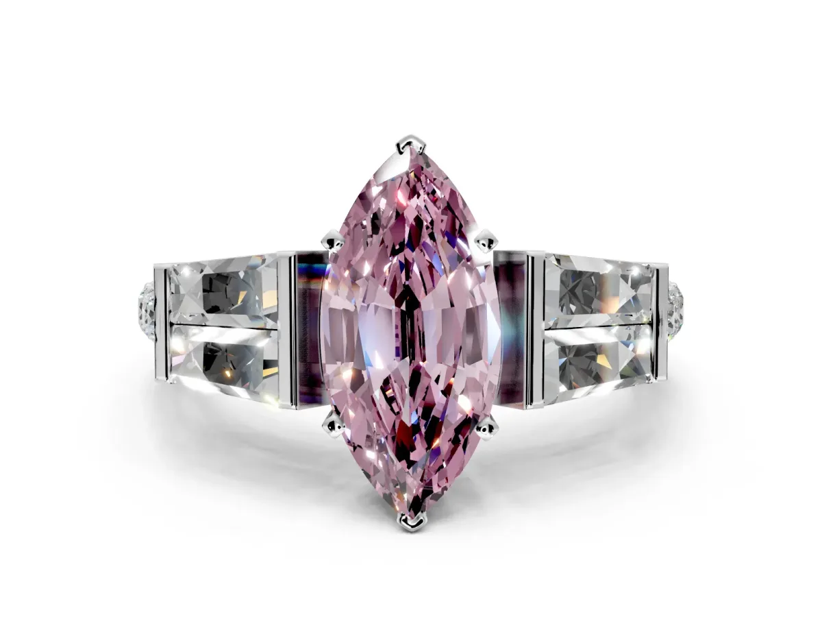 Channel-Set Engagement Ring Setting for Fancy Pink Marquise Center with Baguette Band and Prong Head in White Gold