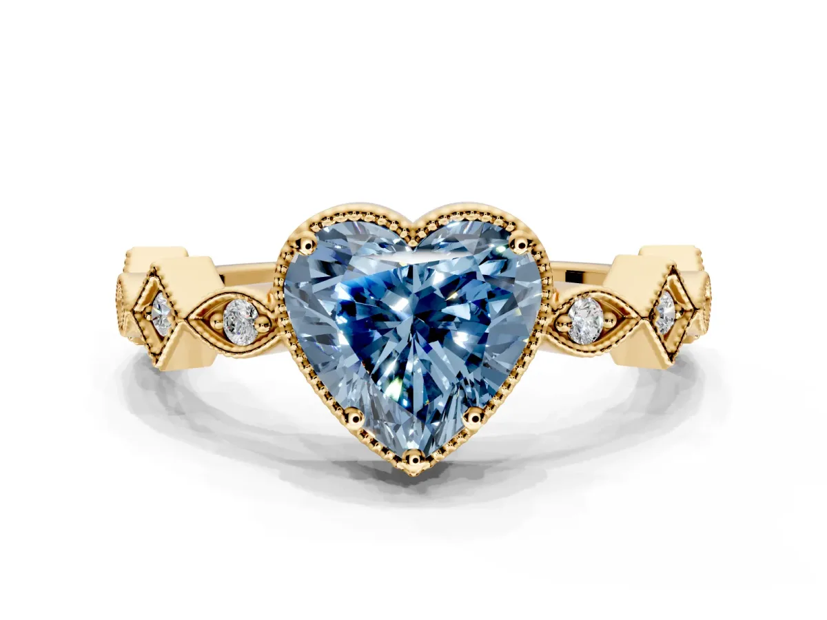 Milgrain Bezel Engagement Ring Setting for Fancy Blue Heart-Shaped Center with Marquise Stations and Bezel Head in Yellow Gold