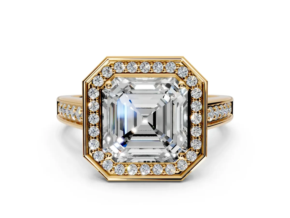 Halo Engagement Ring Setting for Asscher Cut Center with Outer Bezel Rim, Pave Band and Prong Head in Yellow Gold