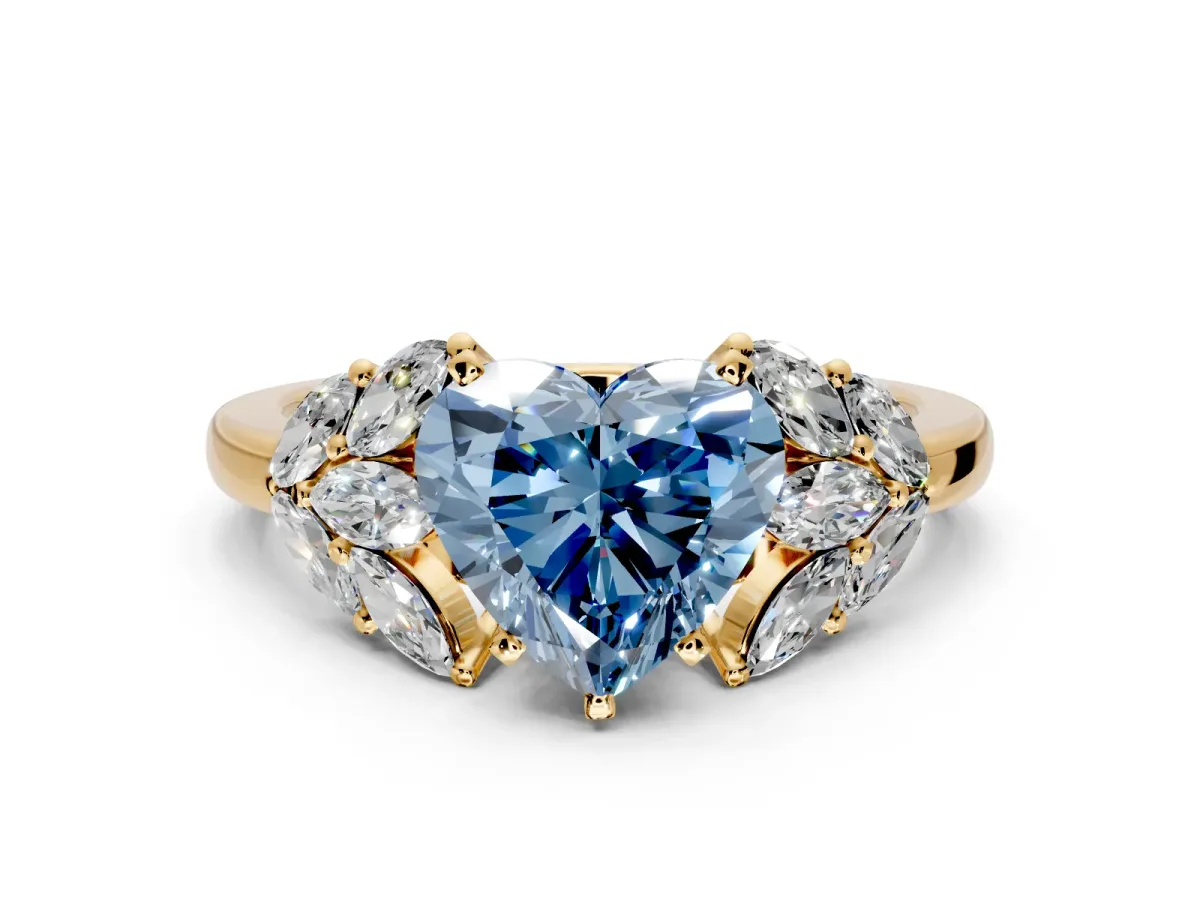 Leaf Cluster Engagement Ring Setting for Fancy Blue Heart-Shaped Center with Marquise Accents and Prong Head in Yellow Gold