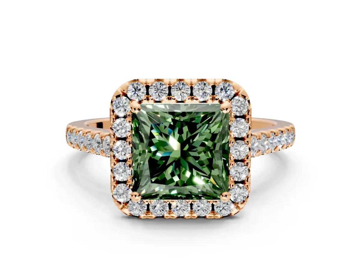 Halo Engagement Ring Setting for Fancy Green Princess Cut Center with Narrowing Pave Band and Prong Head in Rose Gold