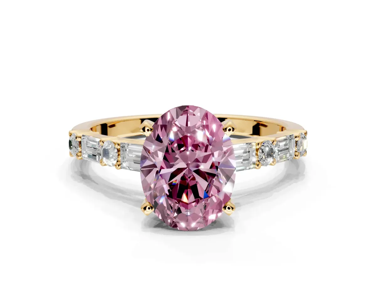 Baguette Engagement Ring Setting for Fancy Pink Oval Center with Alternating Bar-Set Band and Prong Head in Yellow Gold