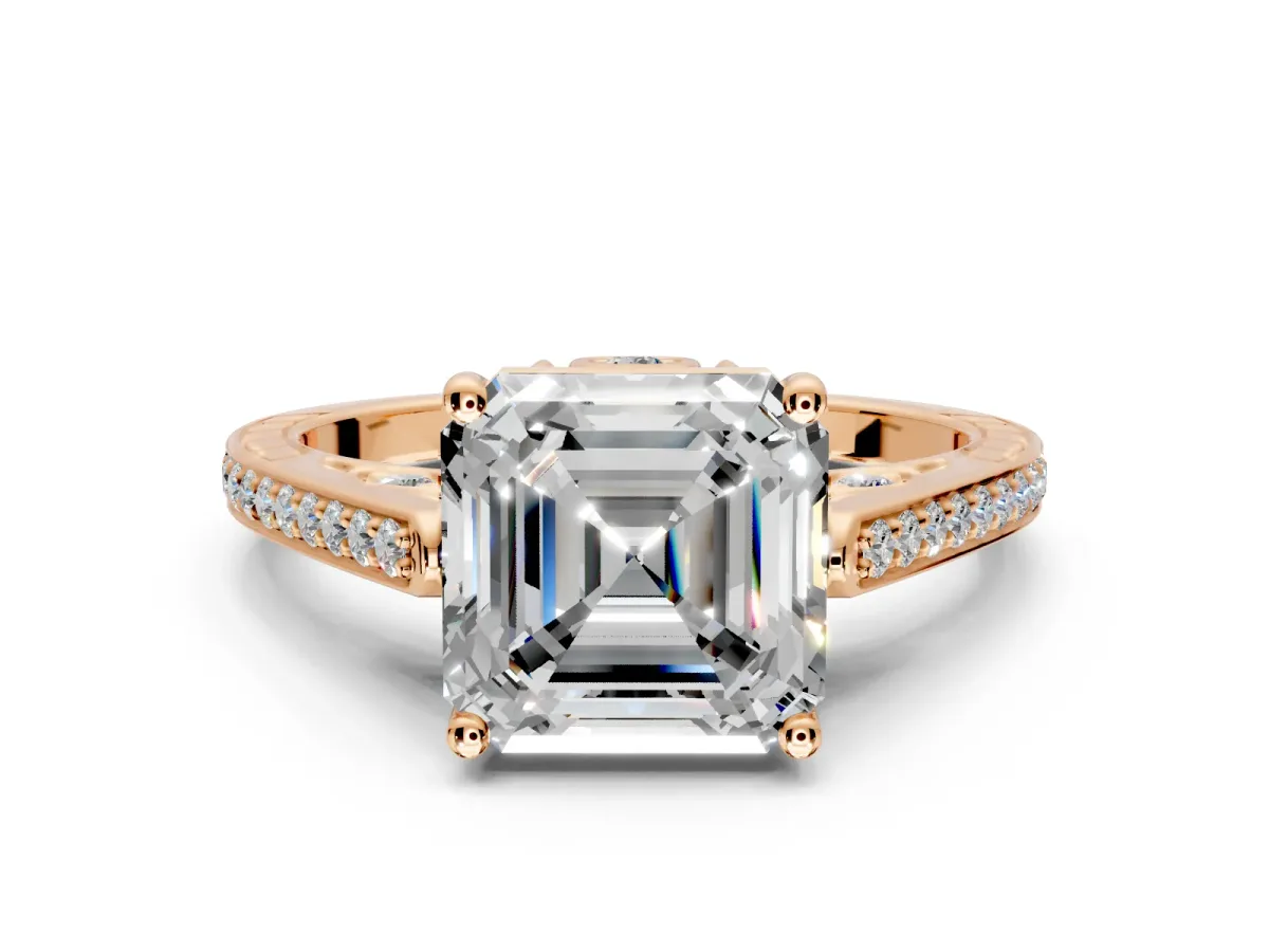 Cathedral Engagement Ring Setting for Asscher Cut Center with Antique-Style Pave Band and Prong Head in Rose Gold